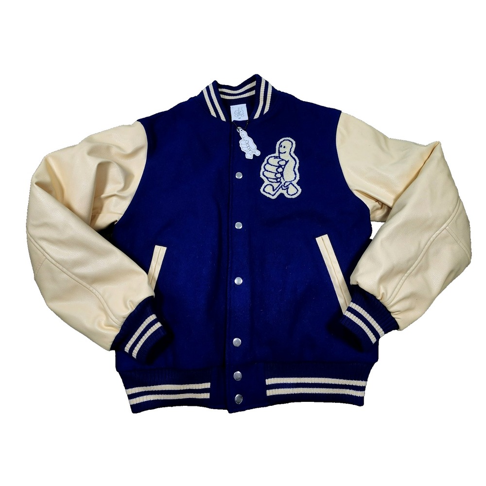 Who Cares? Mens Blue Cream Wool Blend Varsity Jacket Chenille Patch Medium